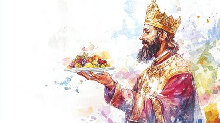 Fototapeta premium King offering fruit in vibrant watercolor art for festive design Feast of St. Francis Xavier
