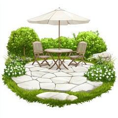 Obraz premium Cozy garden patio with a table, chairs, and umbrella, surrounded by lush greenery and blooming flowers.