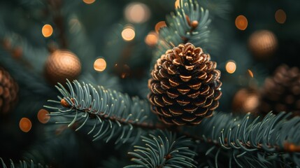 A close-up shot of a pinecone on a pine tree branch during the holiday season with festive lights sparkling in the blurred background