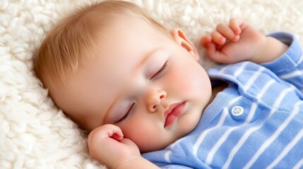 Peaceful slumber, adorable baby sleeping soundly on soft white blanket, embracing quiet moment of rest