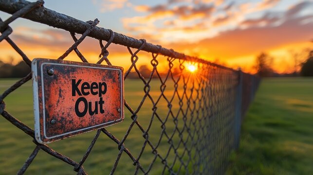 Rusty Keep Out sign on a chain-link fence during a vibrant sunset, highlighting a scenic field and showcasing the beauty of a serene evening