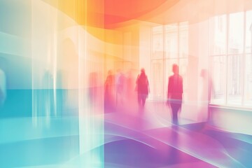 Abstract image of blurred silhouettes walking in a brightly lit, colorful space with pastel gradients, symbolizing movement, modernity, and creativity