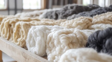 Assorted natural wool skeins in workshop setting for craft projects and textile design