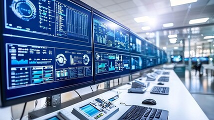 Fototapeta premium Control room with multiple interactive digital panels high-tech business workspace cinematic lighting financial data display ultra HD precision futuristic design