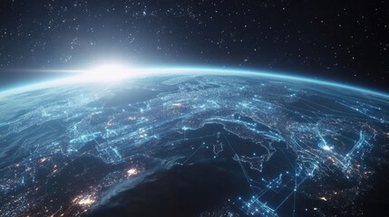 Fototapeta premium Earth from space at night with glowing city lights and emerging sunrise GIS Day