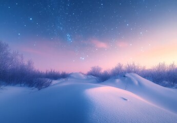 Ethereal Starry Sky Background with Blue and Pink Gradient and Snow-Covered Ground