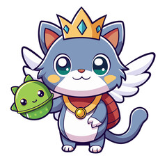 Cute cat with wings, crown, and a little alien friend
