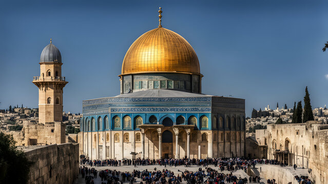 Al aqsa mosque in Jerusalem a captivating view of the dome of the rock with its golden dome shining, Ai Generated