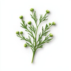 Fototapeta premium Fresh green herb sprig with delicate buds on a white isolated background.
