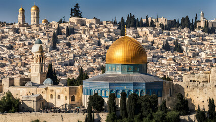 Fototapeta premium Al aqsa mosque in Jerusalem a captivating view of the dome of the rock with its golden dome shining, Ai Generated