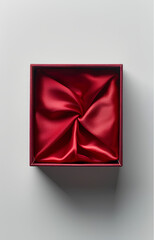 Red gift box, red silk lining the open square packaging, top view, plain background, minimalist style