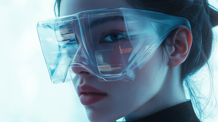 A woman wearing a technological mask. Technological development has brought rapid changes to human beings.