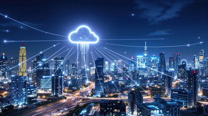 Fototapeta premium Glowing Cloud Icon Linking Skyscrapers and Self-Driving Vehicles in Futuristic City