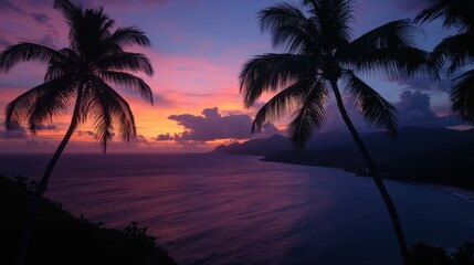 A breathtaking sunset view from the cliffs of Deshaies showcasing vibrant Caribbean colors and...