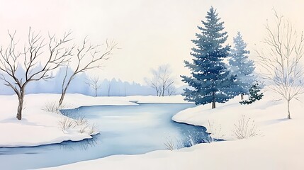 Fototapeta premium Tranquil Winter Landscape with Snowy Trees and a Glimmering River