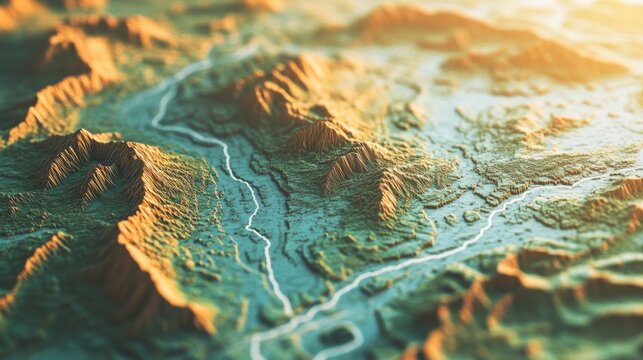 Detailed topographic map of mountain terrain at sunrise GIS Day