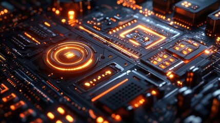 Obraz premium Close-up of a futuristic circuit board with glowing elements.