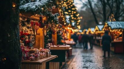 Fototapeta premium A charming holiday market scene with a beautifully decorated Christmas tree, lights twinkling among stalls filled with festive goods and treats