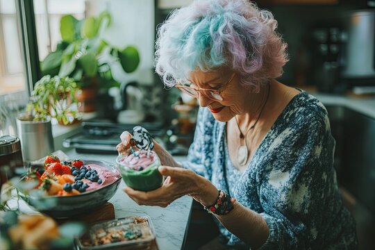 Elderly woman with colorful hair preparing a smoothie bowl in a bright kitchen surrounded by fresh fruits during daytime. Generative AI