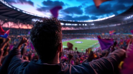 From the perspective of a passionate fan cheering at a bustling soccer stadium, the image captures the exhilarating atmosphere of a high-energy sports event.