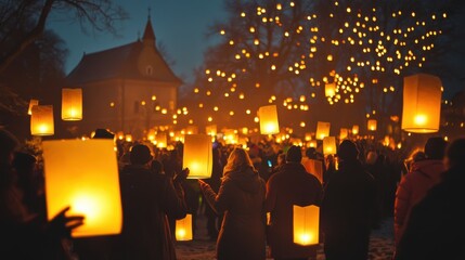 Lantern festival celebration at night with glowing paper lanterns in the sky St. Martin's Day.