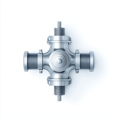 Metal cross fitting component on white isolated background.