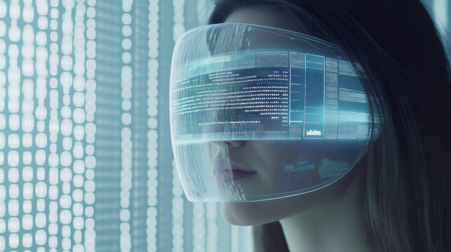 A woman wearing a technological mask. Technological development has brought rapid changes to human beings.