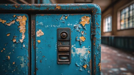 Close-up of a weathered blue control panel with a dial and a button in an abandoned factory.