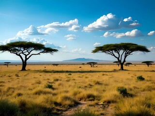 Obraz premium African Savannah Landscape with Acacia Trees and Blue Sky, Nature Photography