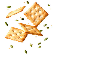 Crispy crackers with seeds scattered isolate on transparent background, cutout, png