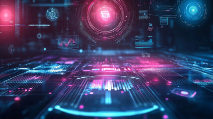 Obraz premium High-tech background with holographic interfaces and virtual screens, sleek and advanced design, bright and modern aesthetic,