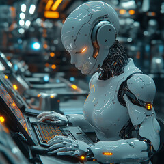 a female AI sitting and typing on a computer in an industrial factory setting. The AI should appear humanoid, with sleek, futuristic features, while the background displays various industrial machines