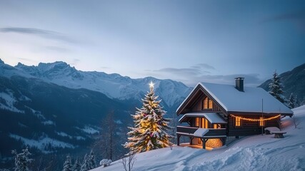 Beleuchteter Weihnachtsbaum vor traditioneller Almh?tte in den verschneiten Bergen der Alpen, Winterurlaub, Landschaft, Berge