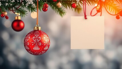 Obraz premium Christmas card with hanging ball decoration on red background, season, holiday