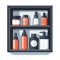 Stylish shelf with various bottles of skincare and cosmetic products, white isolated background.