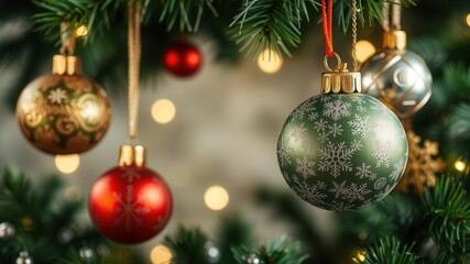 Christmas icons and New Year greetings hanging on a festive background, ornaments, silver