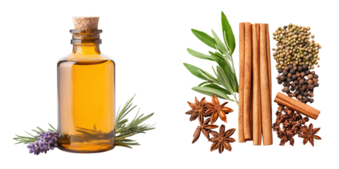 This image showcases an assortment of aromatic herbs spices and essential oils highlighting their use in natural wellness relaxation and aromatherapy practices