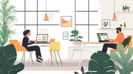 Fototapeta premium Professionals working remotely in coworking space, engaging in video calls and discussions, comfortable and tech-friendly setting,