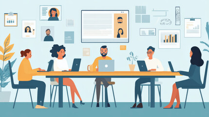 Remote business team collaborating via video conference, diverse professionals in home offices, laptops and digital tools, modern and efficient setup,