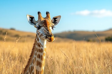 Young Giraffe in Golden Grass with Blue Sky Background