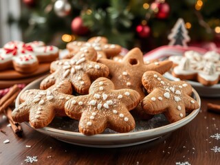 Close-up of beautifully decorated Christmas gingerbread cookies on a festive plate, plate, gingerbread cookies