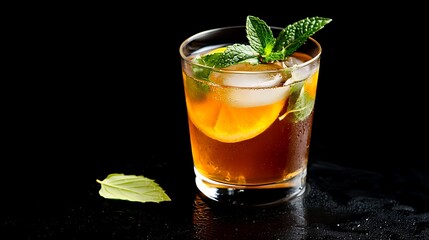 A refreshing glass of iced tea garnished with mint leaves, set against a dark backdrop