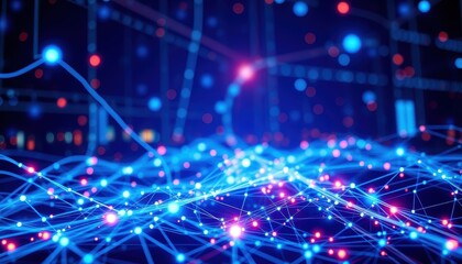 Exploring data patterns virtual environment digital visualization futuristic setting wide-angle view technology concept