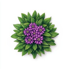 Obraz premium Vibrant flowers surrounded by lush green leaves on a white background.