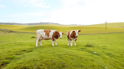 Cows in the meadow on a background of green grass.