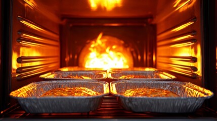 Close-up of aluminum foil pans prepared for cooking inside a modern oven