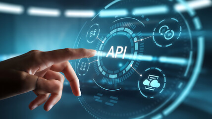 API interface, Application programming interface, Businessmen Interacting with a Futuristic API Interface, business technology, API integration