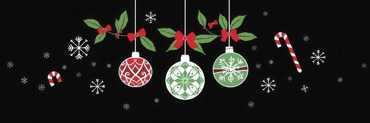 Various Christmas graphic elements such as ornaments, holly, candy canes, and snowflakes on a striking black background, ornaments, design, elements