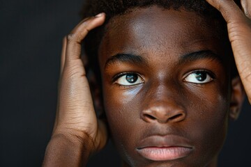 Fototapeta premium Teen Thinking. African American Male Teenager Touching Head, Pondering Thoughts