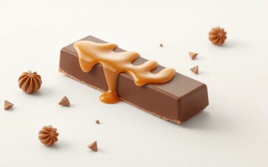 A chocolate bar topped with caramel sits on a white surface, surrounded by small chocolate pieces